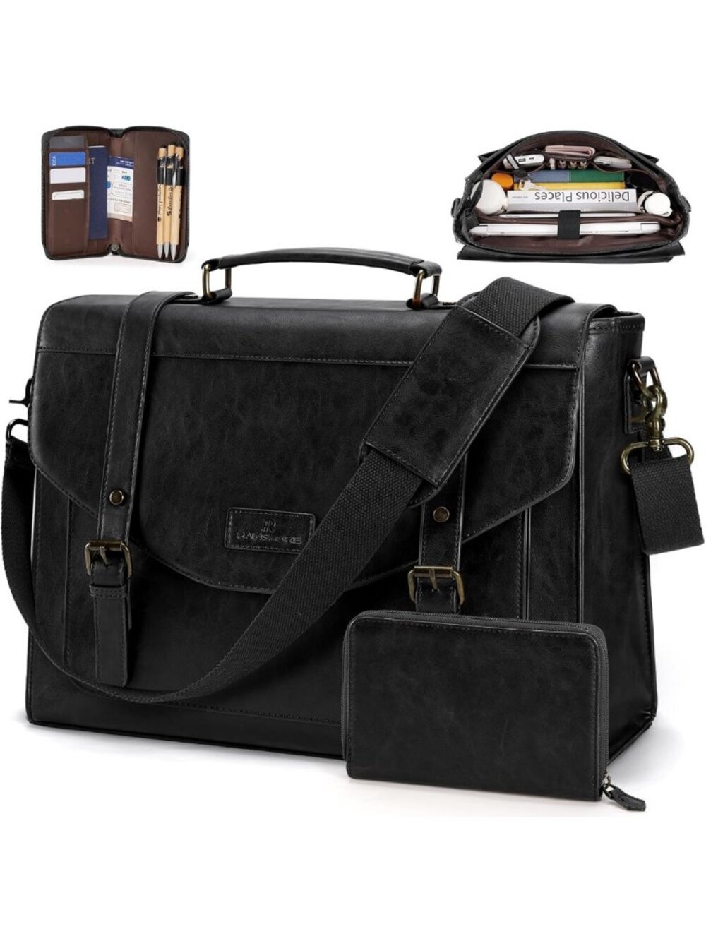Vintage PU Leather Messenger Bag for Men, 15.6" Laptop Briefcase & Wallet